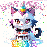 Adorable party-themed animated cat next to a lit birthday cake with text that says 'Happy Birthday Gianna,' surrounded by colorful decorations and sparkles.