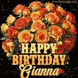 Animated bouquet of orange roses with moving butterfles and golden 'Happy Birthday Gianna' text, surrounded by sparkling accents and a dark backdrop for a luxurious feel.
