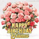 Golden 'Happy Birthday Gianna' text beneath a vibrant bouquet of orange roses, complete with glittering butterflies and sparkling details.