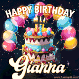 Bright birthday animation for Gianna with a chocolate cake, candles, balloons, and glowing celebratory lights.