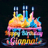 A mesmerizing animated cake with multicolor frosting and candles, and the words 'Happy Birthday Gianna' on the black background.