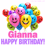Animated colorful and joyful birthday balloons with cheerful smiles and a bright 'Happy Birthday Gianna!' message in pink and purple.