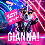 Animated GIF of a cool dog wearing a suit and sunglasses, holding a 'Happy Birthday' sign for Gianna, set against a bright and colorful neon party background.