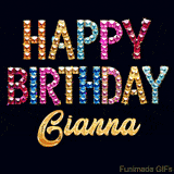 Vibrant luxury birthday greeting card for Gianna, showing glittering gemstone letters and golden calligraphy on a dark background with twinkling shine effects.