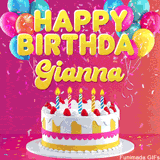 Pink-themed animated greeting with balloons, confetti, and a frosted cake under the message 'Happy Birthday Gianna' in bold rounded yellow font.