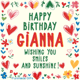A colorful animated card for Gianna’s birthday featuring playful hearts, cheerful flowers, and a handwritten message wishing smiles and sunshine.