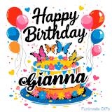 An animated birthday card for Gianna. It features a festive cake with her name, 'Gianna', and colorful butterflies. Floating balloons and hearts complete the joyful scene.