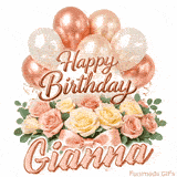 Happy Birthday Gianna animated GIF with elegant rose gold balloons and pink roses