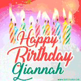 Bright birthday candles with rainbow flames on a cake, alongside the text 'Happy Birthday Giannah' in vibrant script in this celebratory animated GIF.