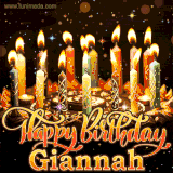 A glowing personalized birthday GIF with name Giannah featuring lit candles with intricate designs, warm lighting, and the text 'Happy Birthday' in an elegant font.
