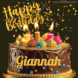 A delightful chocolate birthday cake with bright candles and 'Happy Birthday Giannah' written in gold amidst a shower of animated stars.