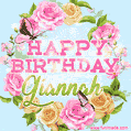 A charming animated GIF featuring 'Happy Birthday Giannah' in pink and green text, surrounded by delicate roses, leaves, and fluttering butterflies on a soft light blue pastel background.