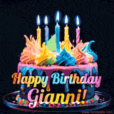 A vibrant animated GIF featuring a colorful rotating birthday cake with bright frosting swirls, glowing candles, and the text 'Happy Birthday Gianni!' in rainbow colors.