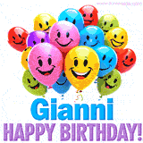 An animated birthday-themed name GIF with colorful smiling balloons and bold 'Gianni, Happy Birthday!' text for a celebratory touch.