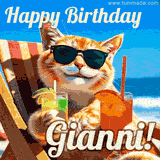 A cheerful cat wearing sunglasses, enjoying drinks on a sunny beach chair, with the text 'Happy Birthday Gianni!' in bright letters.