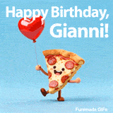 Happy Birthday Gianni text above a cute animated slice of pepperoni pizza