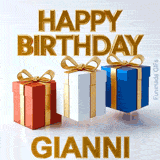Animated Happy Birthday Gianni graphic featuring a red, a white, and a blue present, each decorated with a luxurious shiny gold ribbon