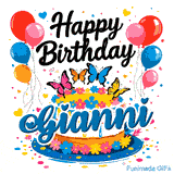 Cheerful animated birthday greeting with a custom nameplate for Gianni, featuring balloons, hearts, and butterflies.