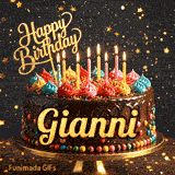 Multicolored frosting swirls and burning birthday candles on a chocolate cake with gold lettering spelling Gianni.