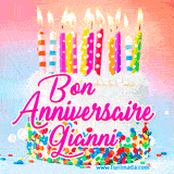 A white birthday cake covered in colorful sprinkles, topped with bright candles, and French text 'Bon Anniversaire Gianni' on a pastel gradient background in an animated GIF.