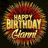 Golden 'Happy Birthday Gianni' text accompanied by animated rainbow fireworks for a festive animated greeting.
