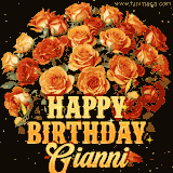 Animated bouquet of orange roses with moving butterfles and golden 'Happy Birthday Gianni' text, surrounded by sparkling accents and a dark backdrop for a luxurious feel.