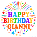 Happy Birthday Gianni' GIF with rainbow-colored letters, colorful stars, and fireworks on white background.
