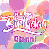 A vibrant name GIF featuring colorful balloons in shades of pink, orange, and yellow with the bold text 'Happy Birthday Gianni' in festive fonts, creating a lively birthday vibe.
