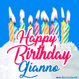 A cheerful animated GIF featuring colorful lit birthday candles on a white cake, with the text 'Happy Birthday Gianno' in bold red and blue script on a bright blue background.