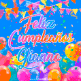 A vibrant animated GIF with 'Feliz Cumpleaños Gianno' written in colorful script, surrounded by balloons, confetti, and bunting on a bright blue background.