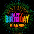 A colorful animated GIF featuring the text 'Happy Birthday Gianno!' in rainbow colors with a dynamic iridescent firework display in the background.