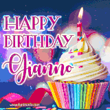 A festive animated GIF featuring a colorful cupcake with a single lit candle, sprinkles, and 'Happy Birthday Gianno' text against a sparkling, celebratory background.
