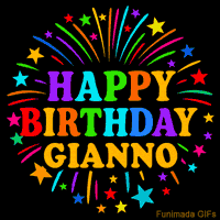 Vibrant animated GIF with 'Happy Birthday Gianno' in rainbow-colored text, surrounded by colorful stars and fireworks on a black background.