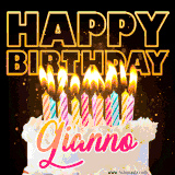 A vibrant animated GIF featuring a delicious birthday cake topped with glowing candles and the name 'Gianno' in elegant script, and the words 'Happy Birthday' on the black background.