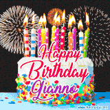 A lively happy birthday animated GIF showcasing a colorful birthday cake covered in sprinkles, topped with glowing candles, and surrounded by vibrant fireworks. The name 'Gianno' is featured in elegant script.
