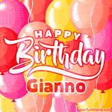 A vibrant birthday GIF featuring colorful balloons in shades of pink, yellow, and orange, with bold white and red text saying 'Happy Birthday Gianno.'