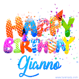 Animated GIF with colorful, festive 'Happy Birthday Gianno' text decorated with patterns, a party hat, and falling confetti. A vibrant and cheerful design for birthday celebrations.