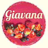 Beautifully decorated red velvet berry birthday cake with vibrant fruits and a glowing 'Giavana' name, adding a touch of sweetness and sparkle.