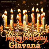 A glowing personalized birthday GIF with name Giavana featuring lit candles with intricate designs, warm lighting, and the text 'Happy Birthday' in an elegant font.