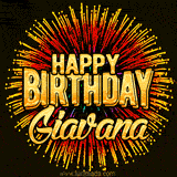 Golden 'Happy Birthday Giavana' text accompanied by animated rainbow fireworks for a festive animated greeting.