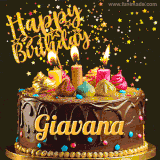 A delightful chocolate birthday cake with bright candles and 'Happy Birthday Giavana' written in gold amidst a shower of animated stars.