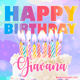 A vibrant animated name GIF with the words 'Happy Birthday Giavana' with colorful candles on a creamy cake. The background sparkles with pastel shades, adding a festive touch.