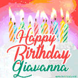 Bright birthday candles with rainbow flames on a cake, alongside the text 'Happy Birthday Giavanna' in vibrant script in this celebratory animated GIF.