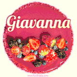 Beautifully decorated red velvet berry birthday cake with vibrant fruits and a glowing 'Giavanna' name, adding a touch of sweetness and sparkle.