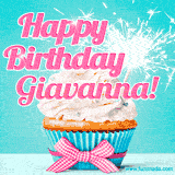 A festive cupcake with pink icing, a gingham bow, and a lit animated sparkler, paired with 'Happy Birthday Giavanna!' in bright pink text.