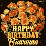 Animated bouquet of orange roses with moving butterfles and golden 'Happy Birthday Giavanna' text, surrounded by sparkling accents and a dark backdrop for a luxurious feel.