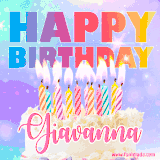 A vibrant animated name GIF with the words 'Happy Birthday Giavanna' with colorful candles on a creamy cake. The background sparkles with pastel shades, adding a festive touch.