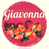 Beautifully decorated red velvet berry birthday cake with vibrant fruits and a glowing 'Giavonna' name, adding a touch of sweetness and sparkle.