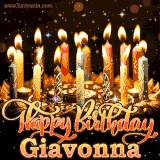 A glowing personalized birthday GIF with name Giavonna featuring lit candles with intricate designs, warm lighting, and the text 'Happy Birthday' in an elegant font.