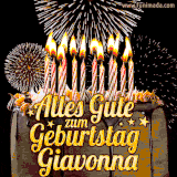 A chocolate birthday cake with glowing candles, the German text 'Alles Gute zum Geburtstag Giavonna,' and vibrant fireworks lighting up the background in an animated GIF.